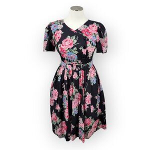 Vintage Black Floral Dress Pink and Blue Rose Garden Tea Dress Fit and Flare